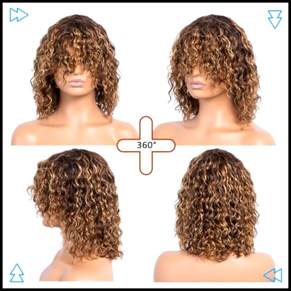 Short Curly Wig with Bangs Pixie Cut Glueless Water Wave Human Hair Wear and Go